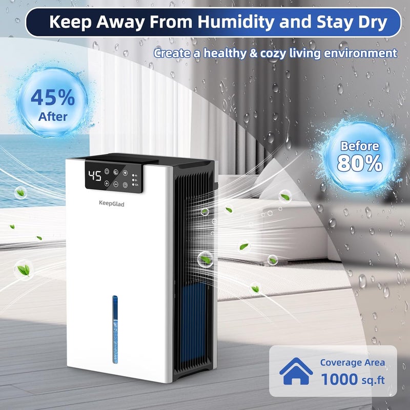 KeepGlad Dehumidifier, 98OZ Dehumidifiers for Home(1000sq.ft), Humidity Display Dehumidifier for Basement Bathroom Bedroom, Auto Shut Off, Washable Filter, Drain Hose, Timer, 7 Ambient Lights, White - Image 2
